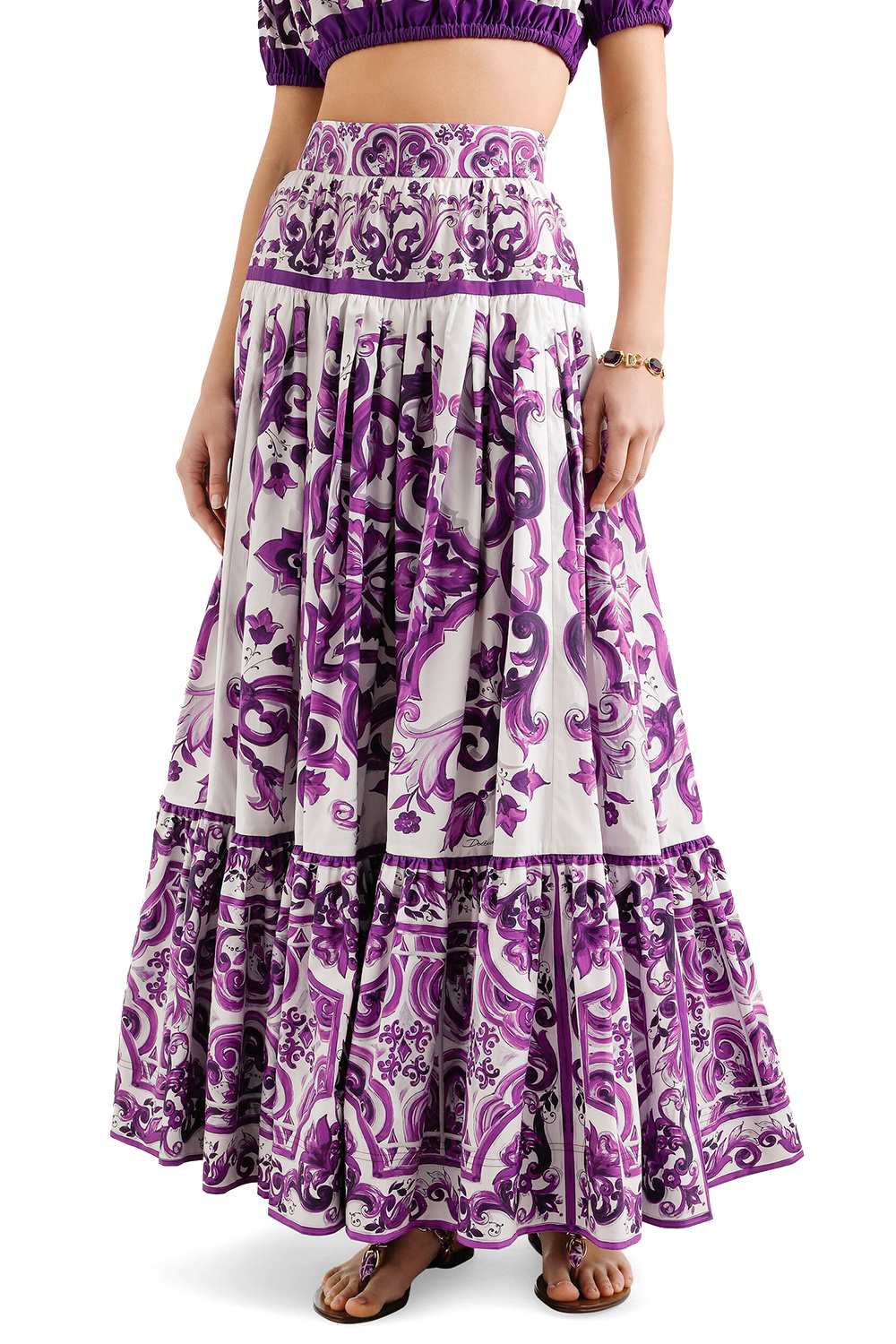 Dolce & Gabbana Violet Long Skirt With Ruffle Hem And All-over Floral Motif In Cotton Woman