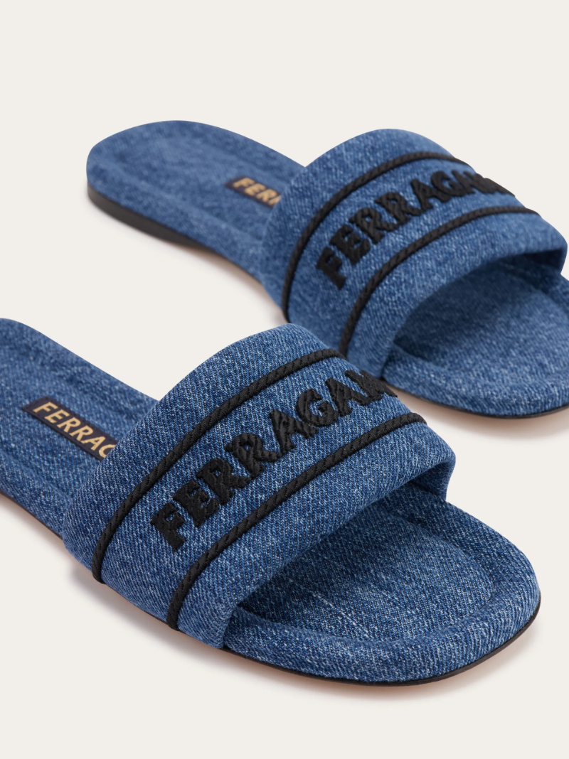 Ferragamo Slider Sandals Featuring A Denim Strap In Multi