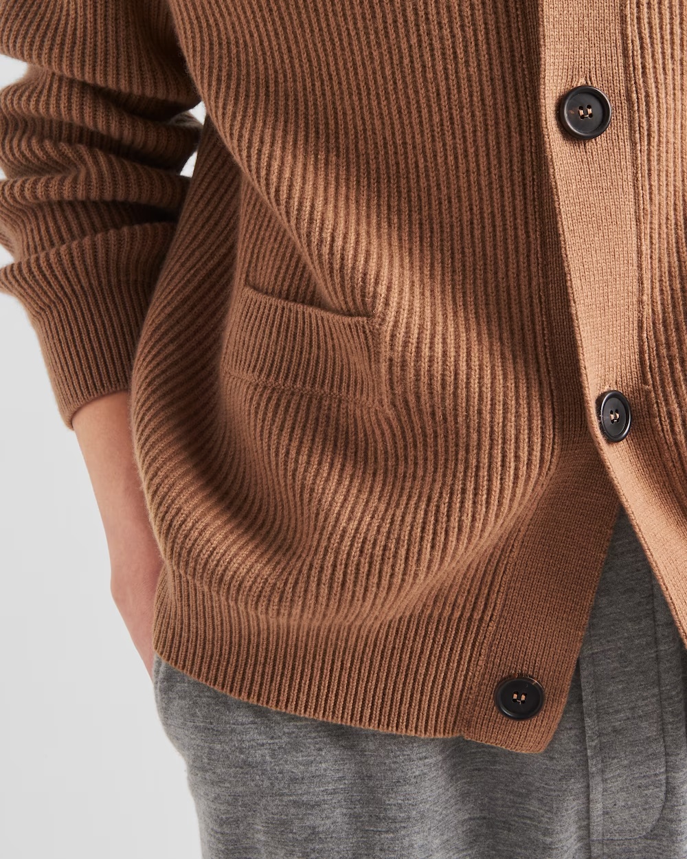 Prada Cashmere Ribbed Texture Cardigan With Patch Pockets In Brown