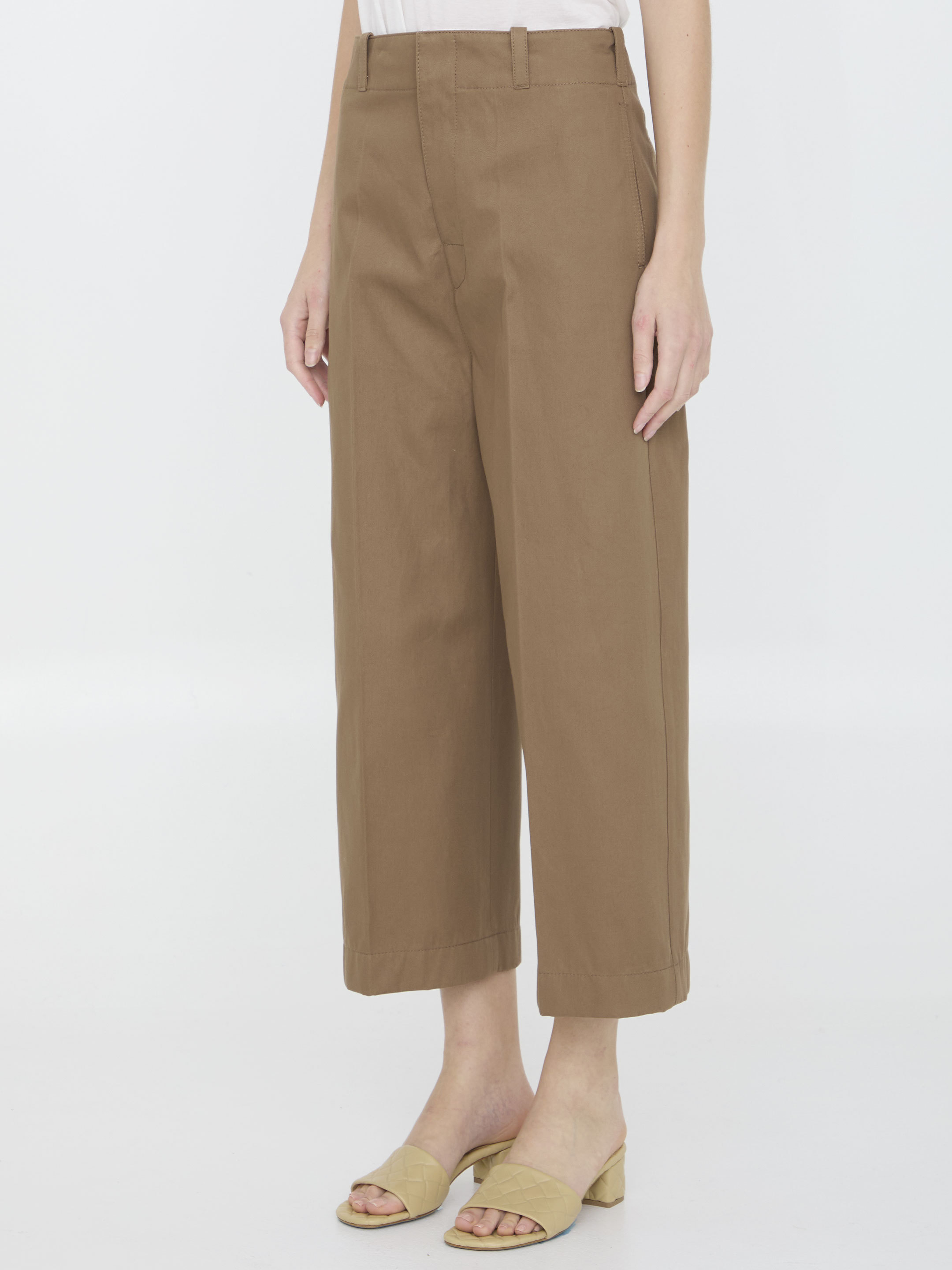 Shop Bottega Veneta Cotton Twill Cropped Trousers In Brown