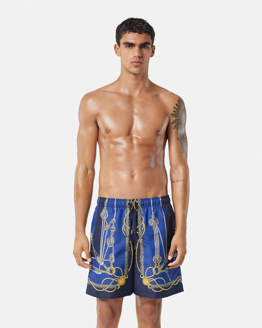 Versace 'nautical' Blue Smiwsuit Trunks With Barocco Motif In Blue