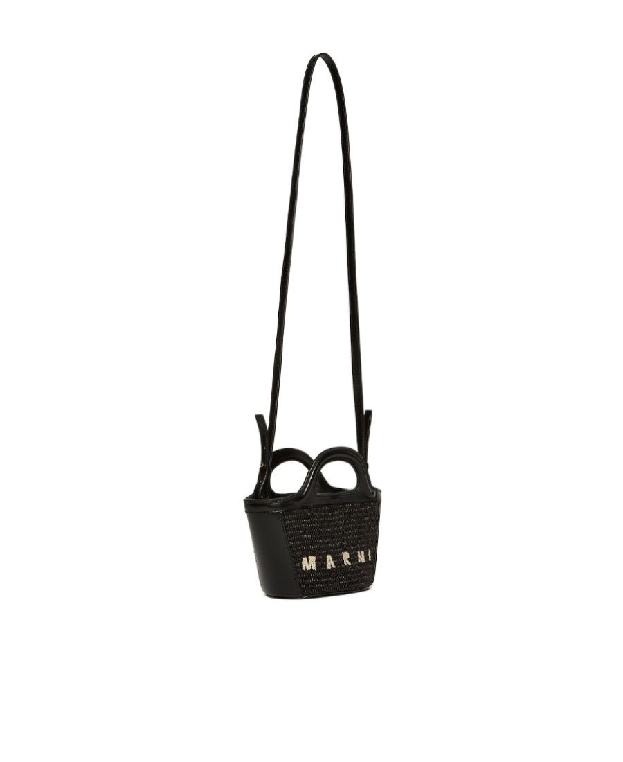 Marni Tropicalia Structured Shoulder Bag With Raffia Panels In Black