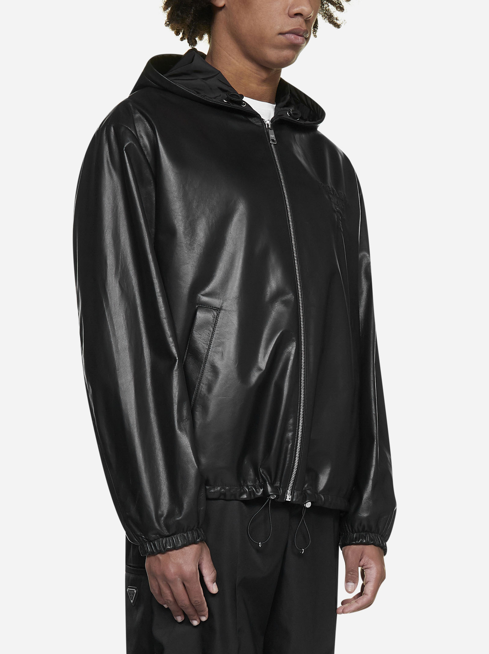 Prada Debossed-logo Hooded Leather Jacket In Black