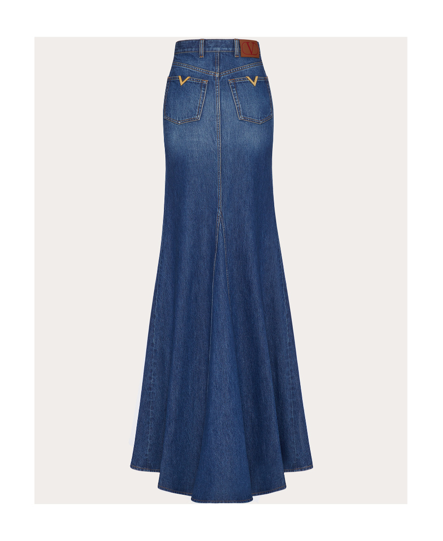 Valentino High Waist Denim Long Skirt In Blue