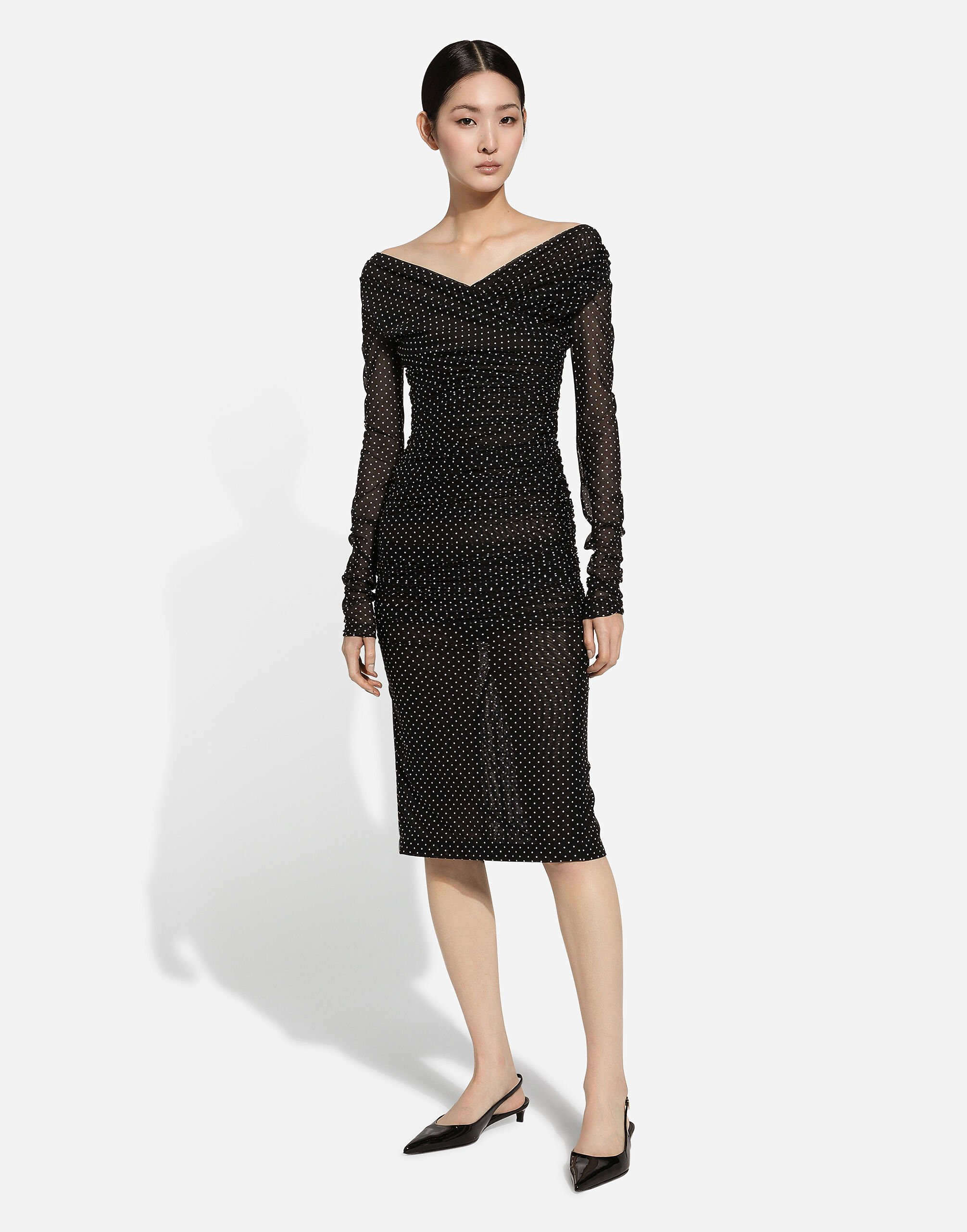 Dolce & Gabbana Tulle Calf-length Dress With Draping And Polka-dot Print In Black