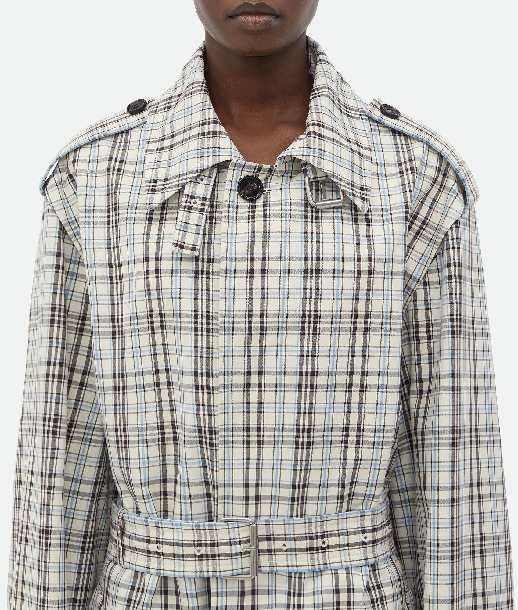 Shop Bottega Veneta Checked Cotton Trench Coat In Chalk Color/fudge Color/yellow