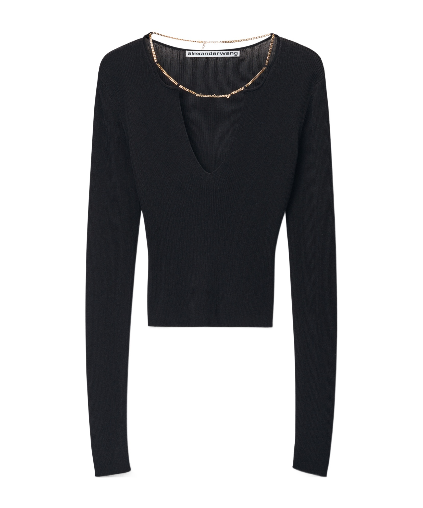 Alexander Wang V-neck Cropped Sweater With Nameplate Chain In Black