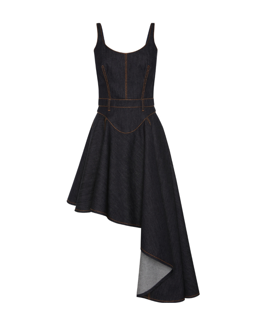 Alexander Mcqueen Asymmetric Midi Denim Corset Dress In Blue