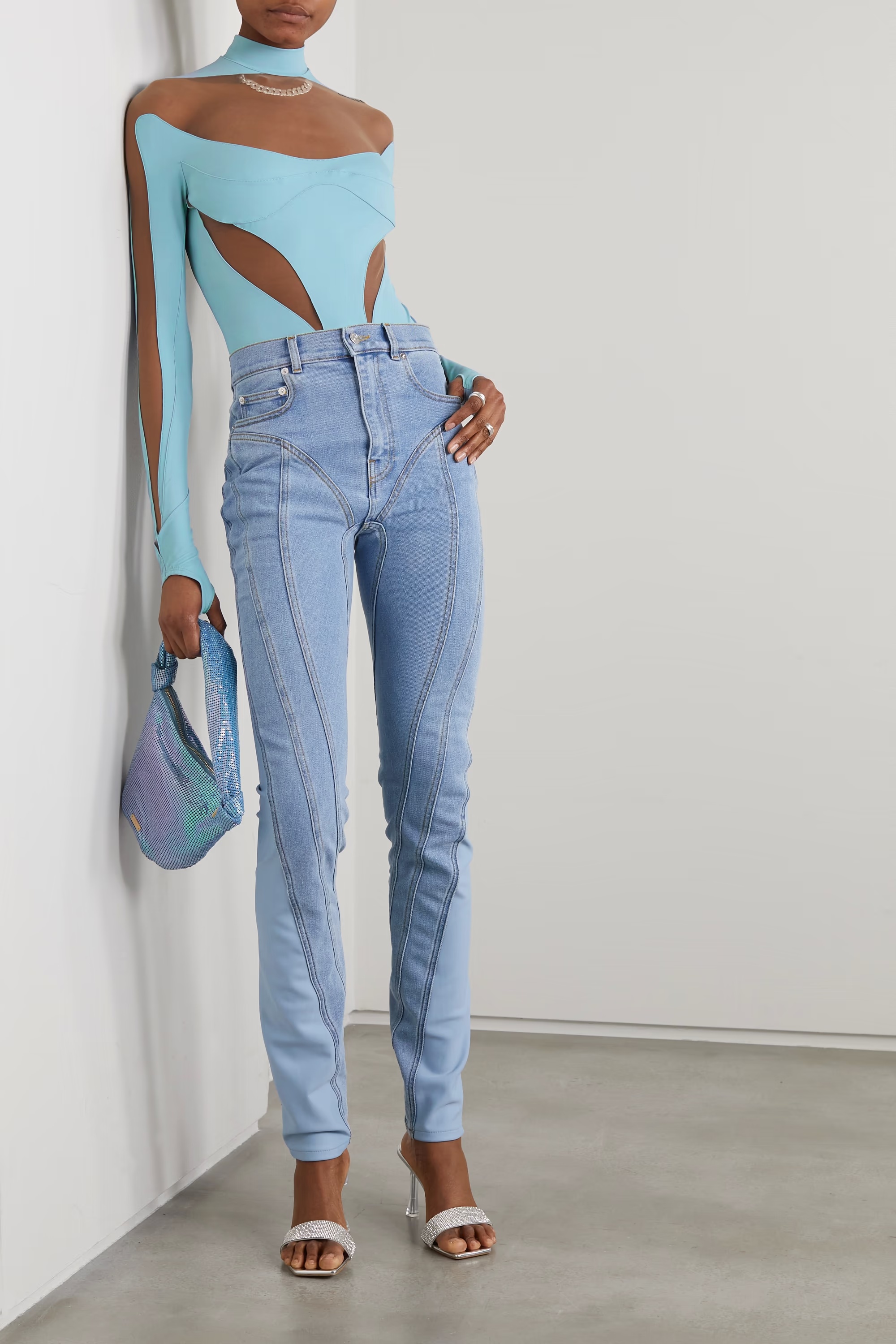 Mugler Long-sleeved Jumpsuit In Blue