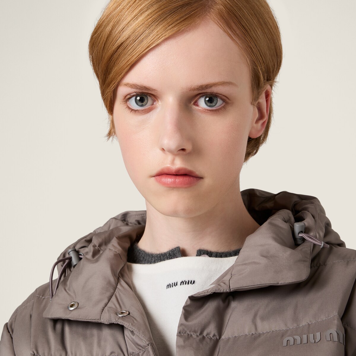 Miu Miu Technical Pongé Down Jacket In Gray