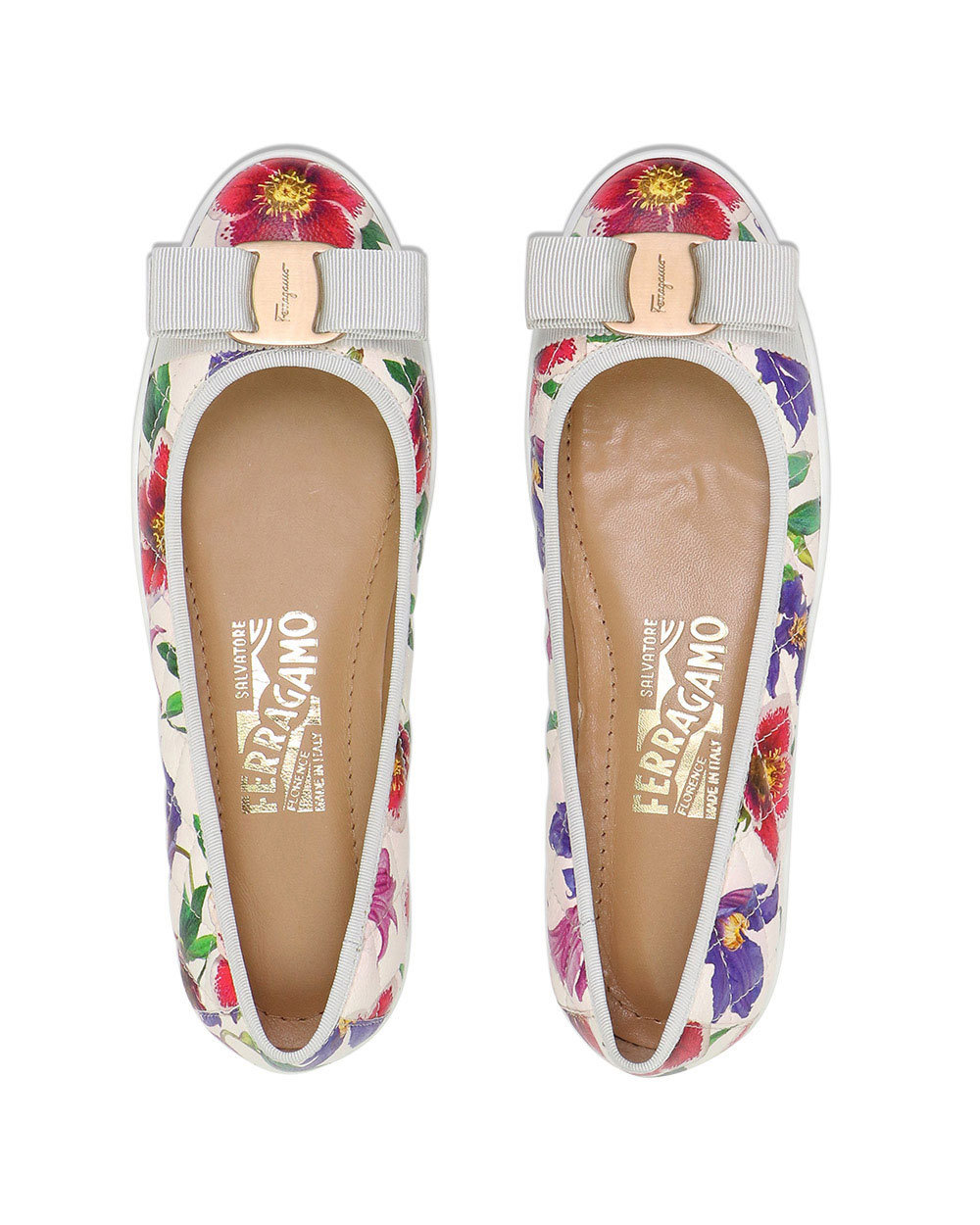 Ferragamo Printed Ballet Shoes With Bow Tie In White