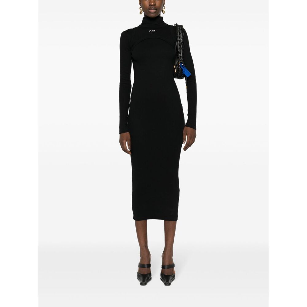 Off-white Ribbed Texture Midi Dress With High Neckline In Black
