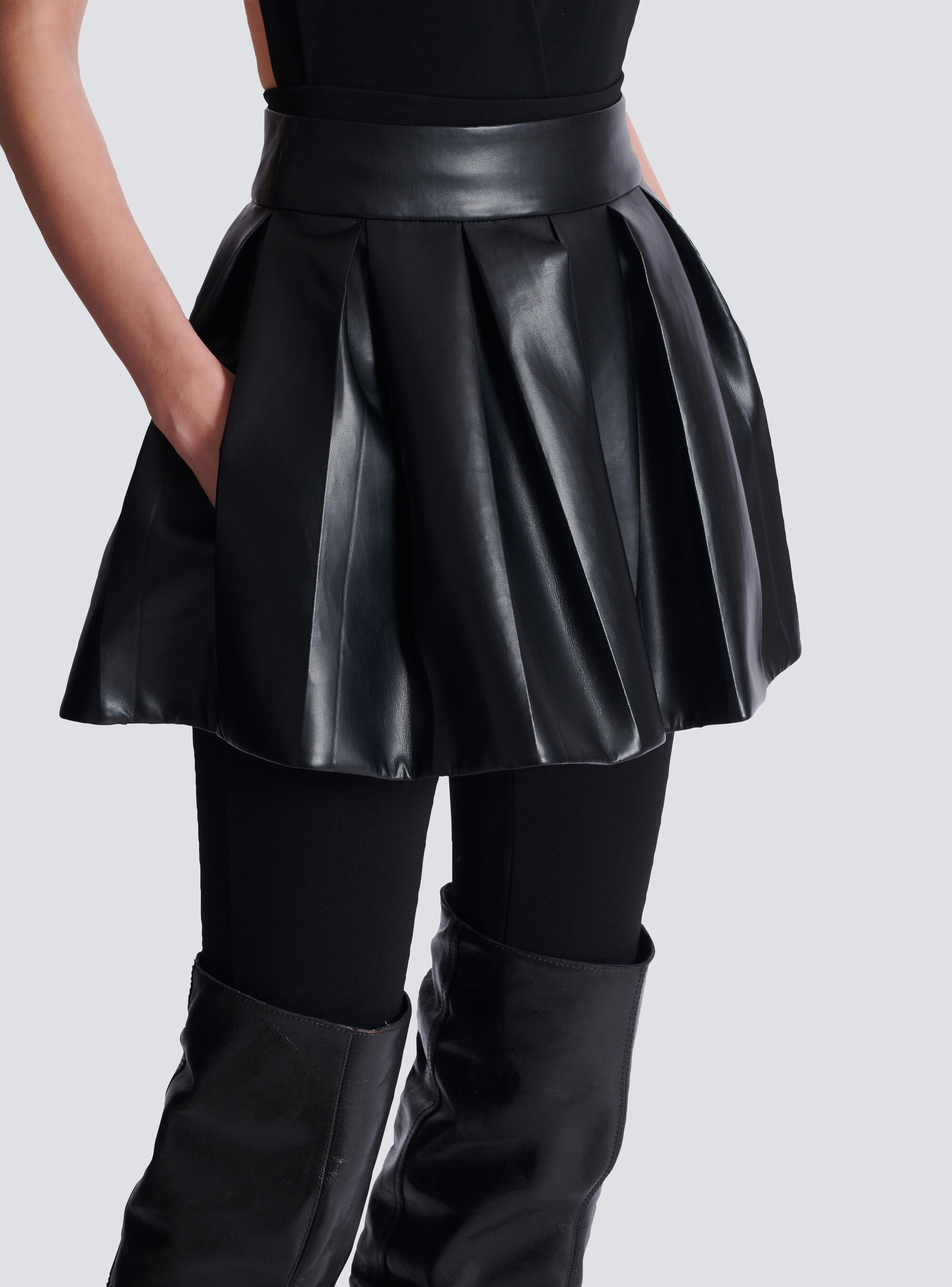 Balmain Short Pleated Faux Leather Skirt In Black