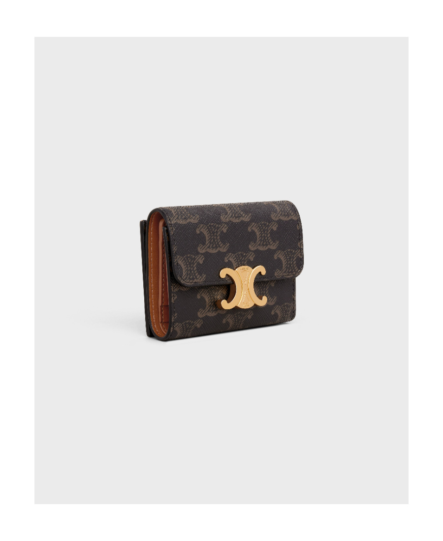 Celine Triomphe Small Wallet In Brown Canvas With Leather Trims For Women In Brown