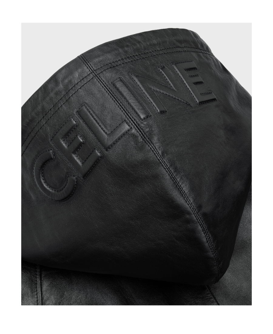 Celine Logo-embossed Full-grain Leather Hooded Bomber Jacket In Black