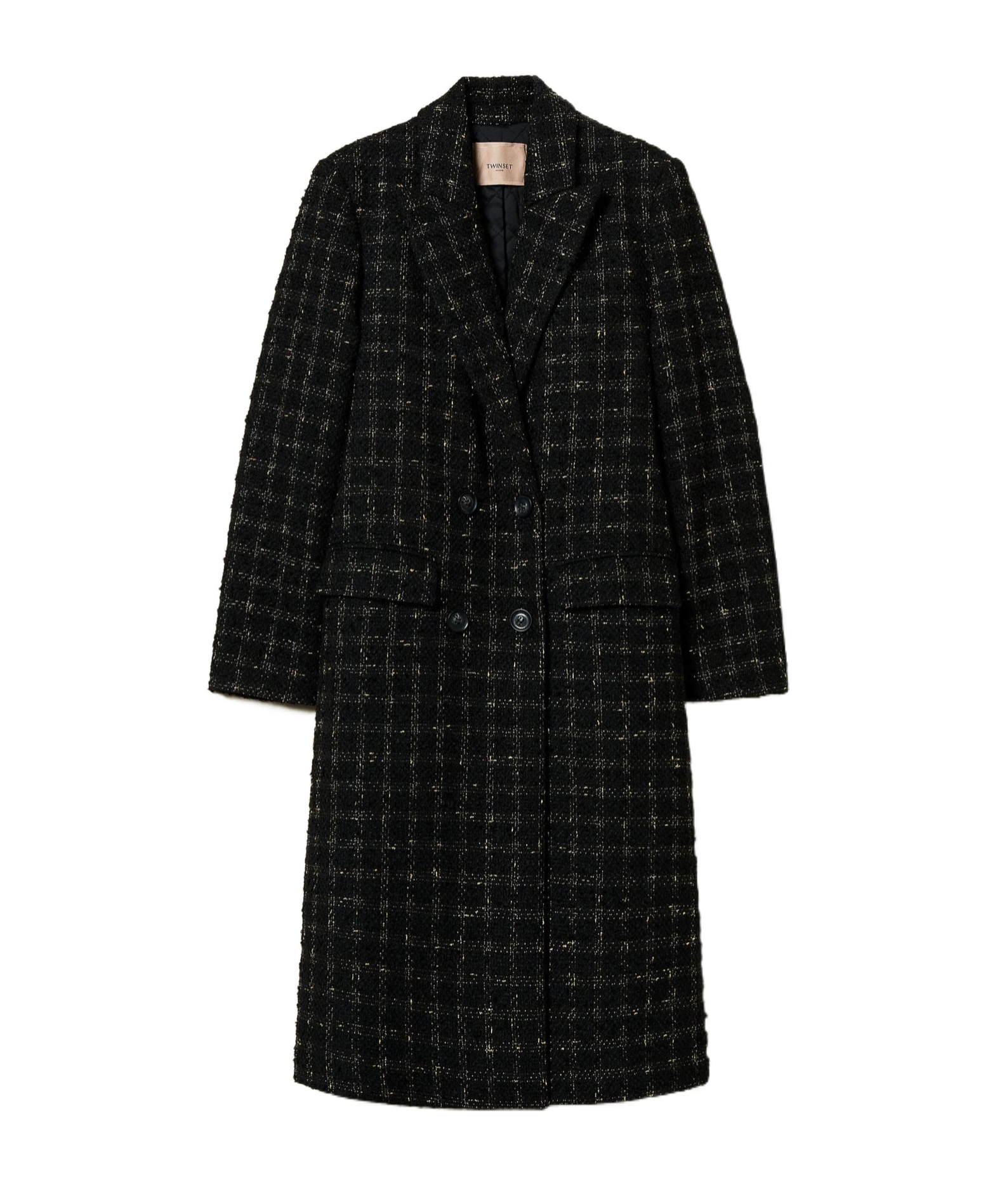 Shop Twinset Check Pattern Bouclé Coat In Black