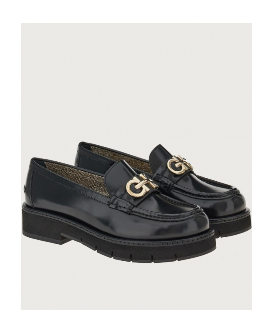 Ferragamo Black Ofelia Lug Moccasin With Gancini Ornament In Black