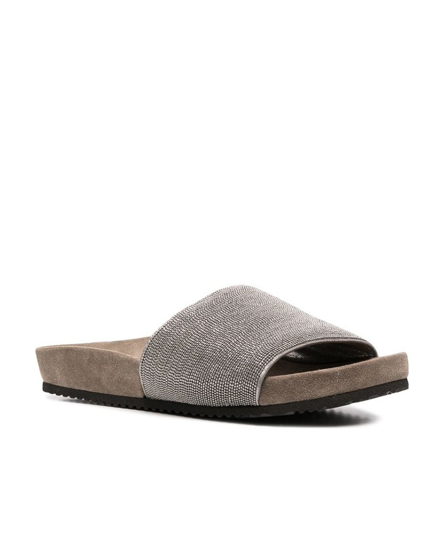Brunello Cucinelli Precious Suede Slides In Gray