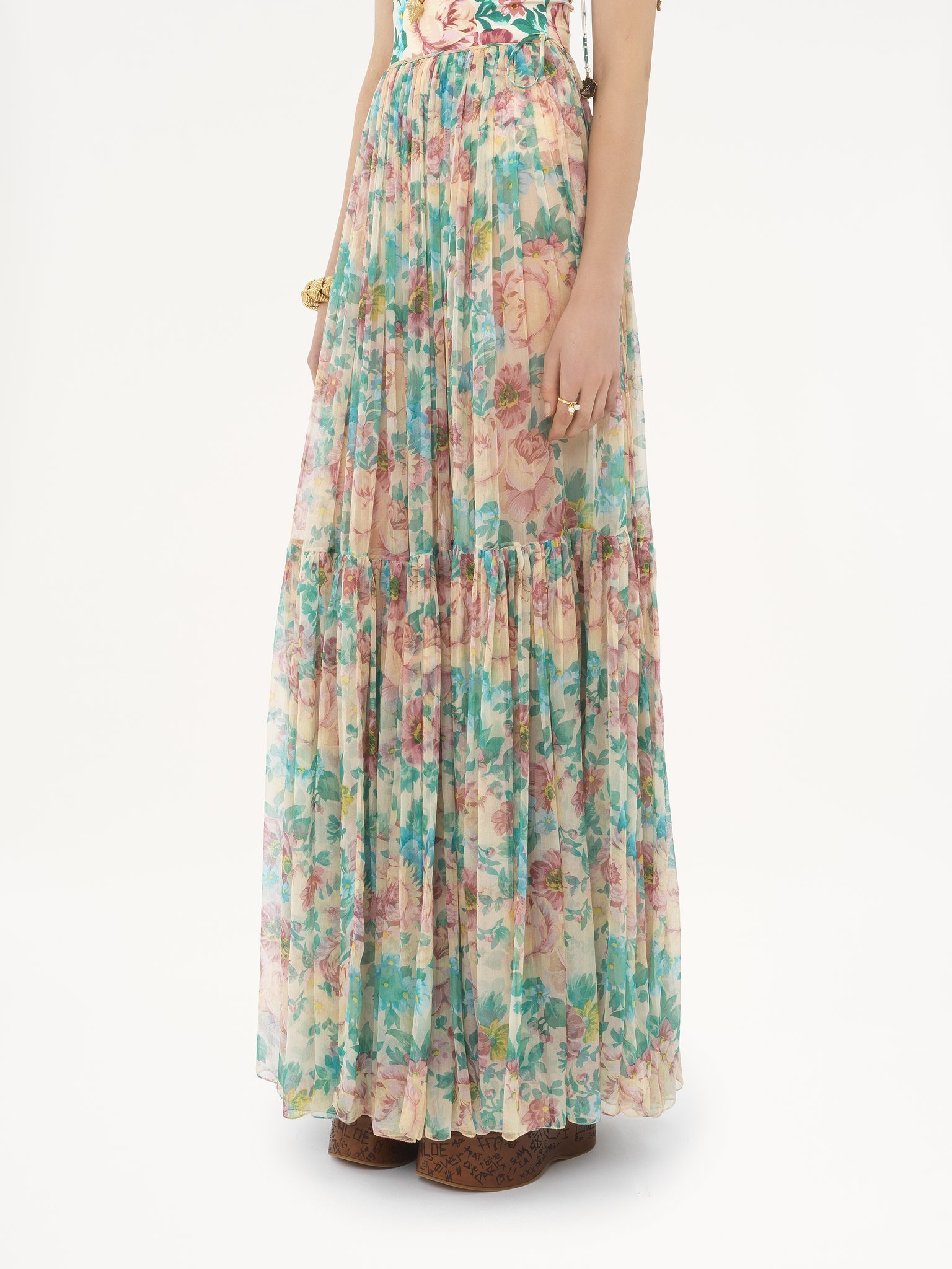 Chloé Pleated Tiered Floral-print Silk-chiffon Maxi Skirt In Multicolor
