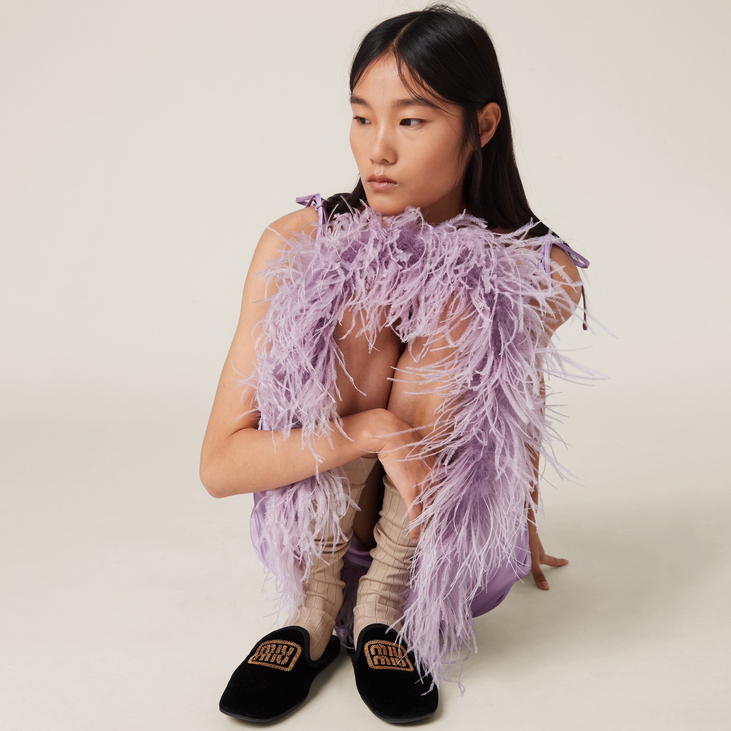 Miu Miu Feather-trimmed Satin Midi Skirt In Purple