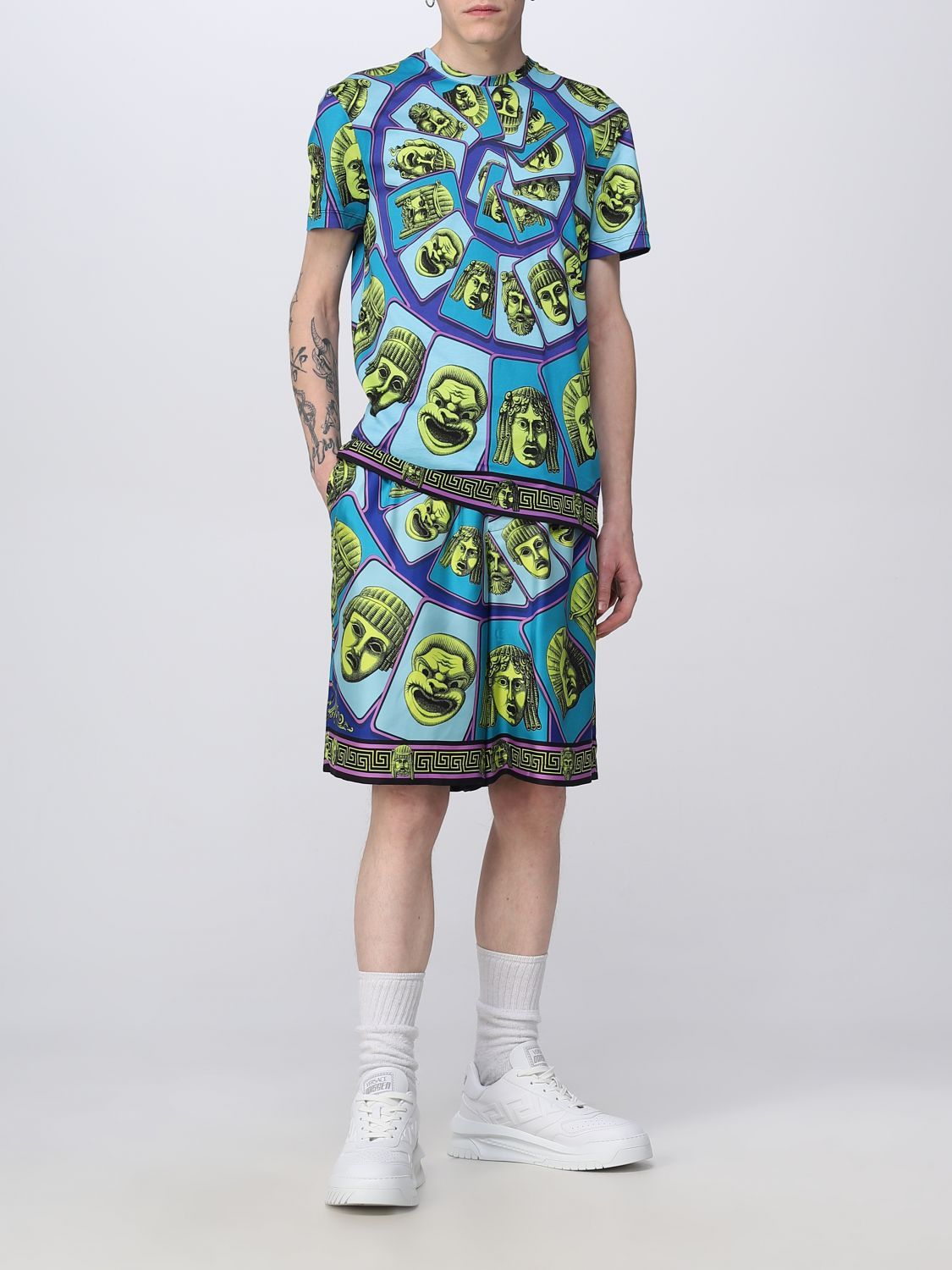 Versace Le Maschere Print Silk Shorts In Blue
