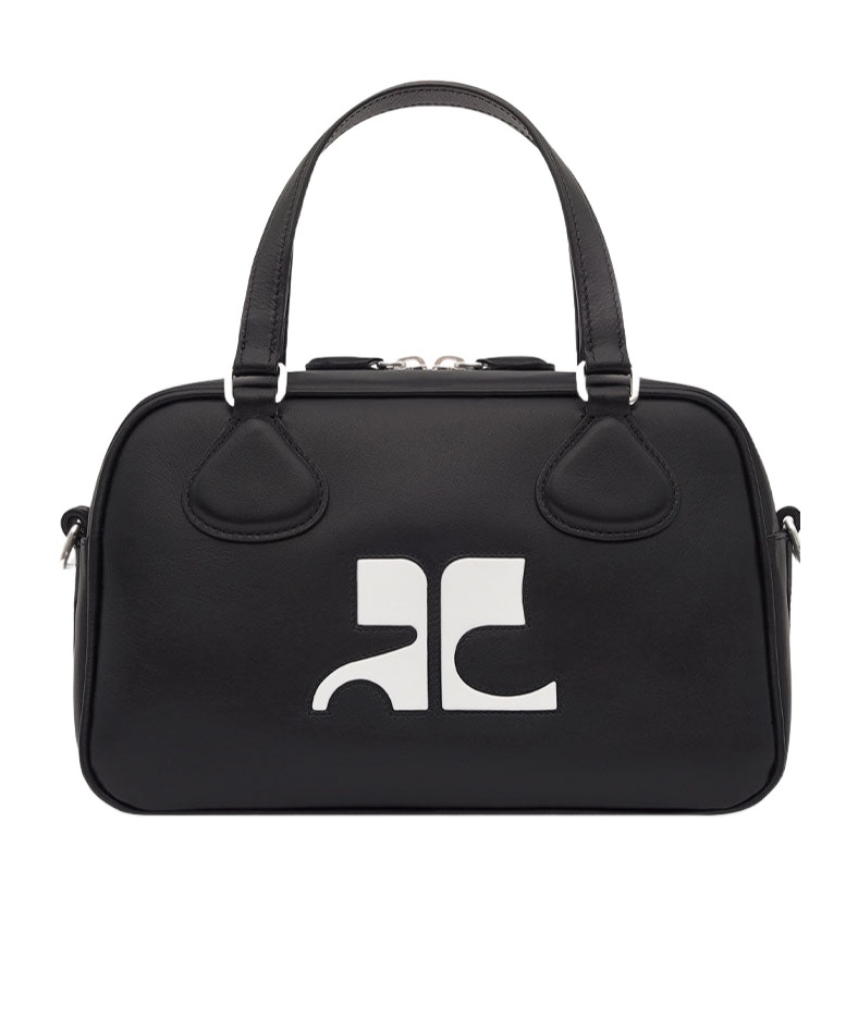 Courrèges Rectangular Black Cowhide Leather Shoulder Bag With Contrasting Logo In Black