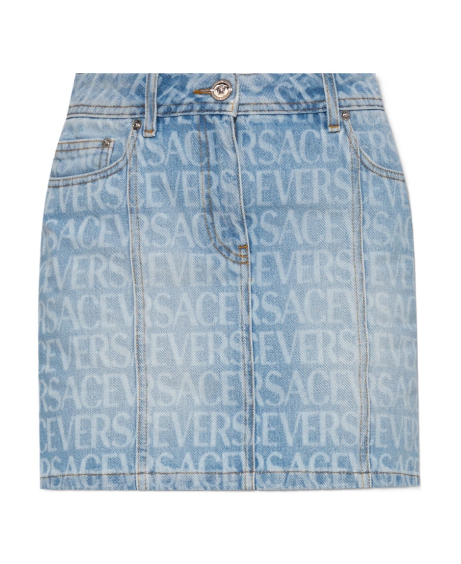 Versace Allover Logo-print Denim Skirt In Blue