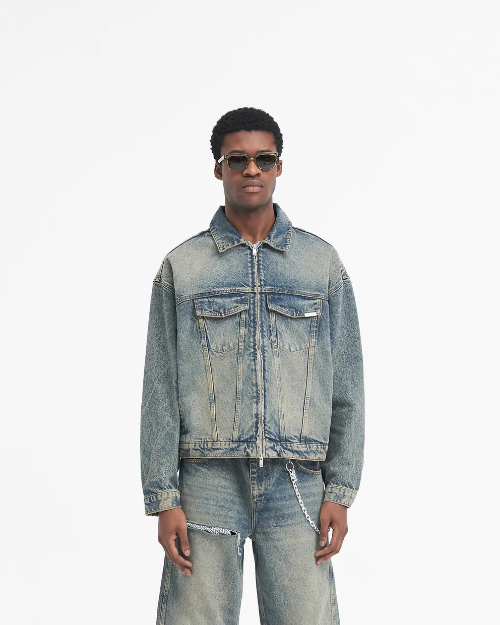 Represent Long-sleeved Denim Coat In Black