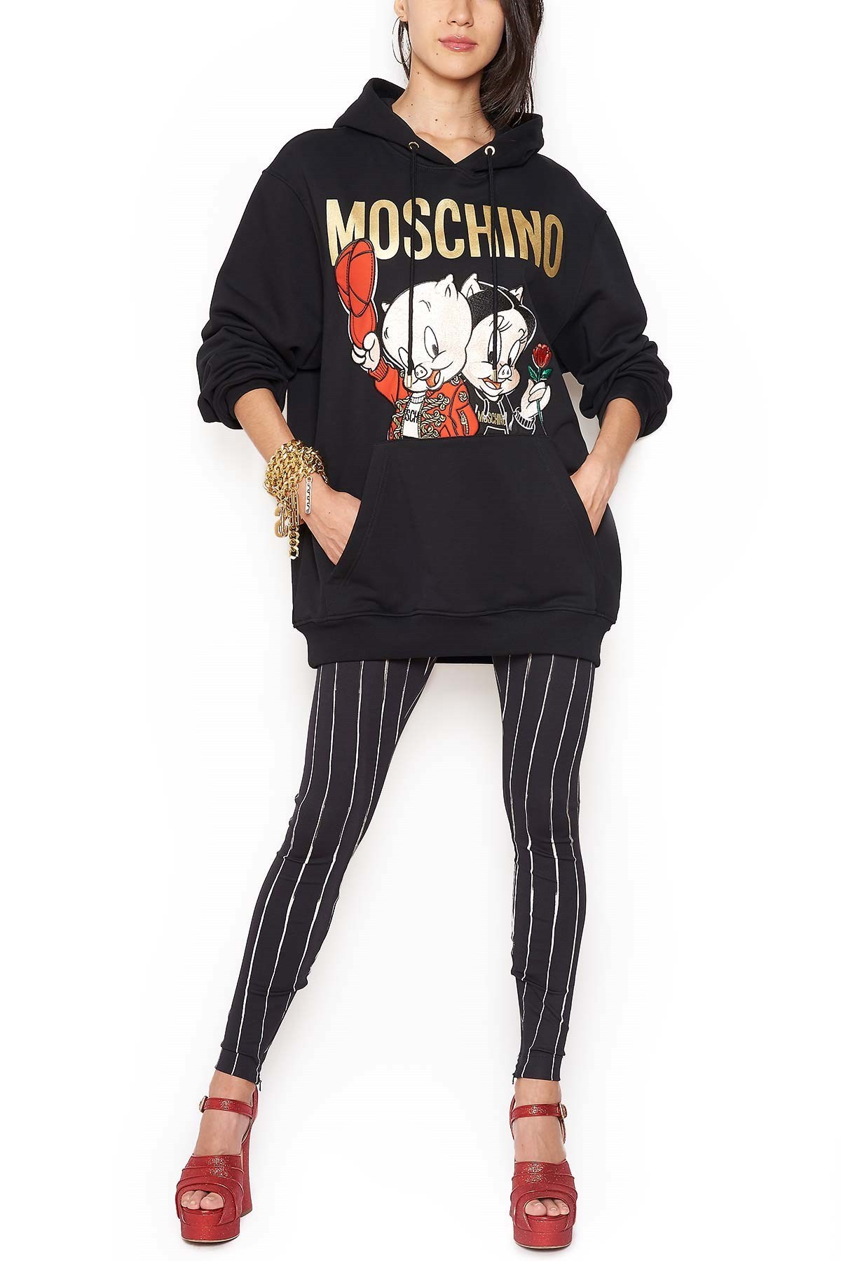 Moschino Black Piggy Oversize Hooded Sweater In Black