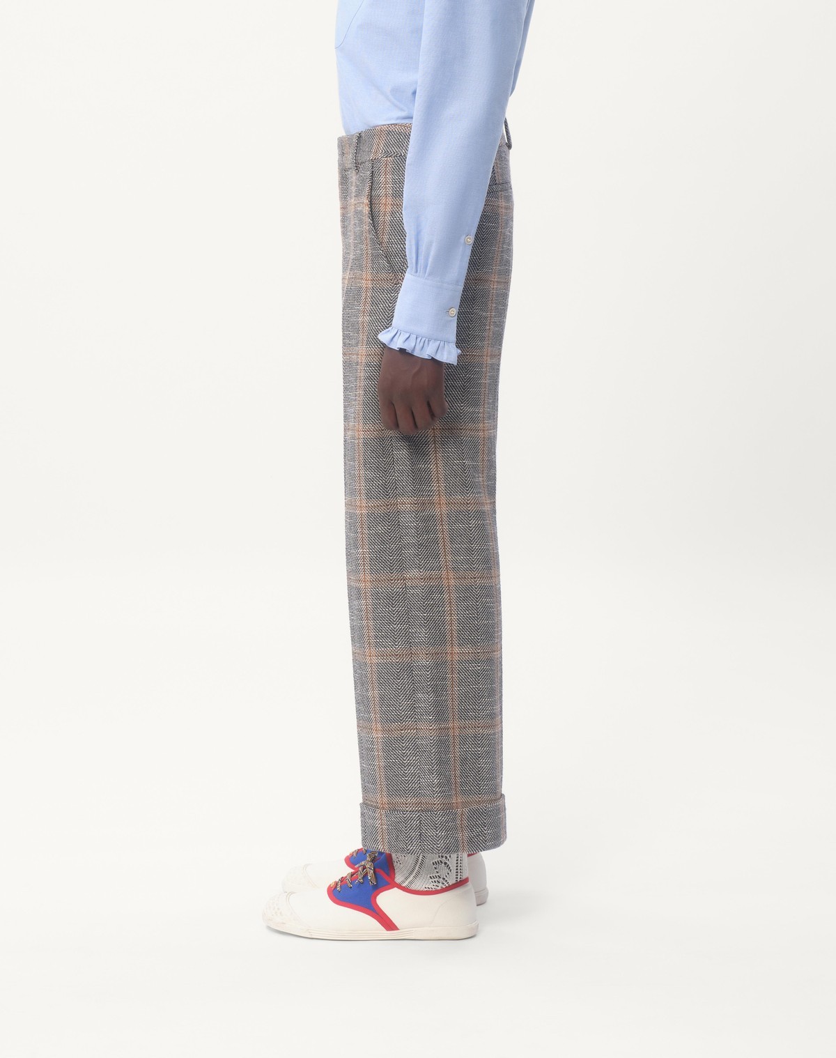 Valentino Wool Blend Trousers With Turn-up With Check Pattern In Gray
