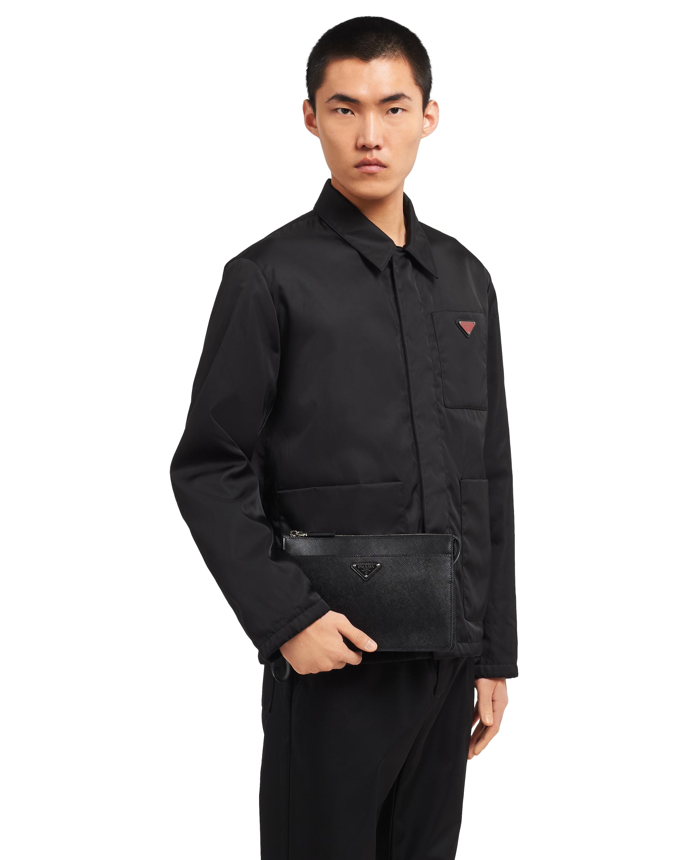 Prada Mens Black Logo-plaque Saffiano-leather Pouch In Black