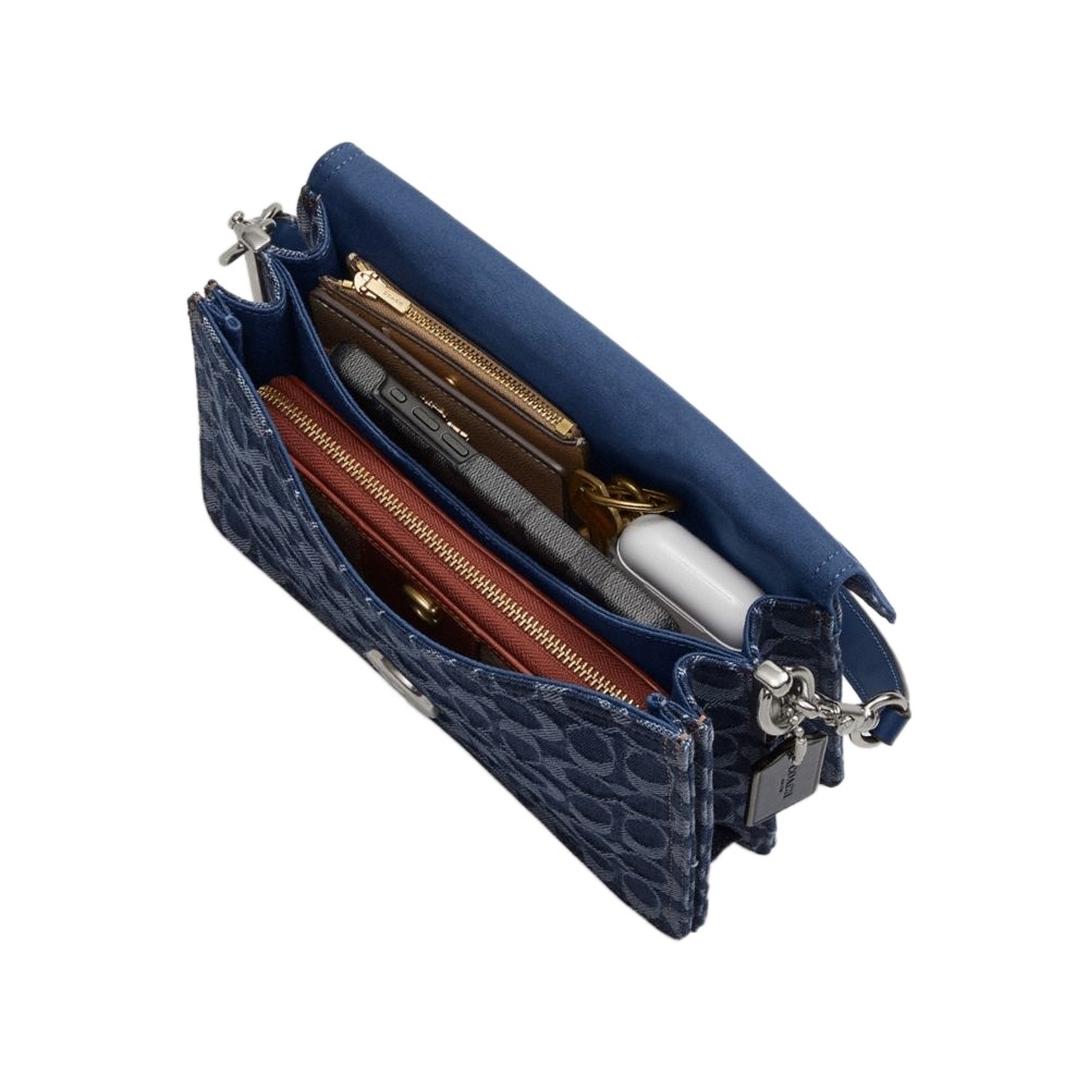 Shop Coach Chain Tabby Shoulder Bag In Signature Denim In Black