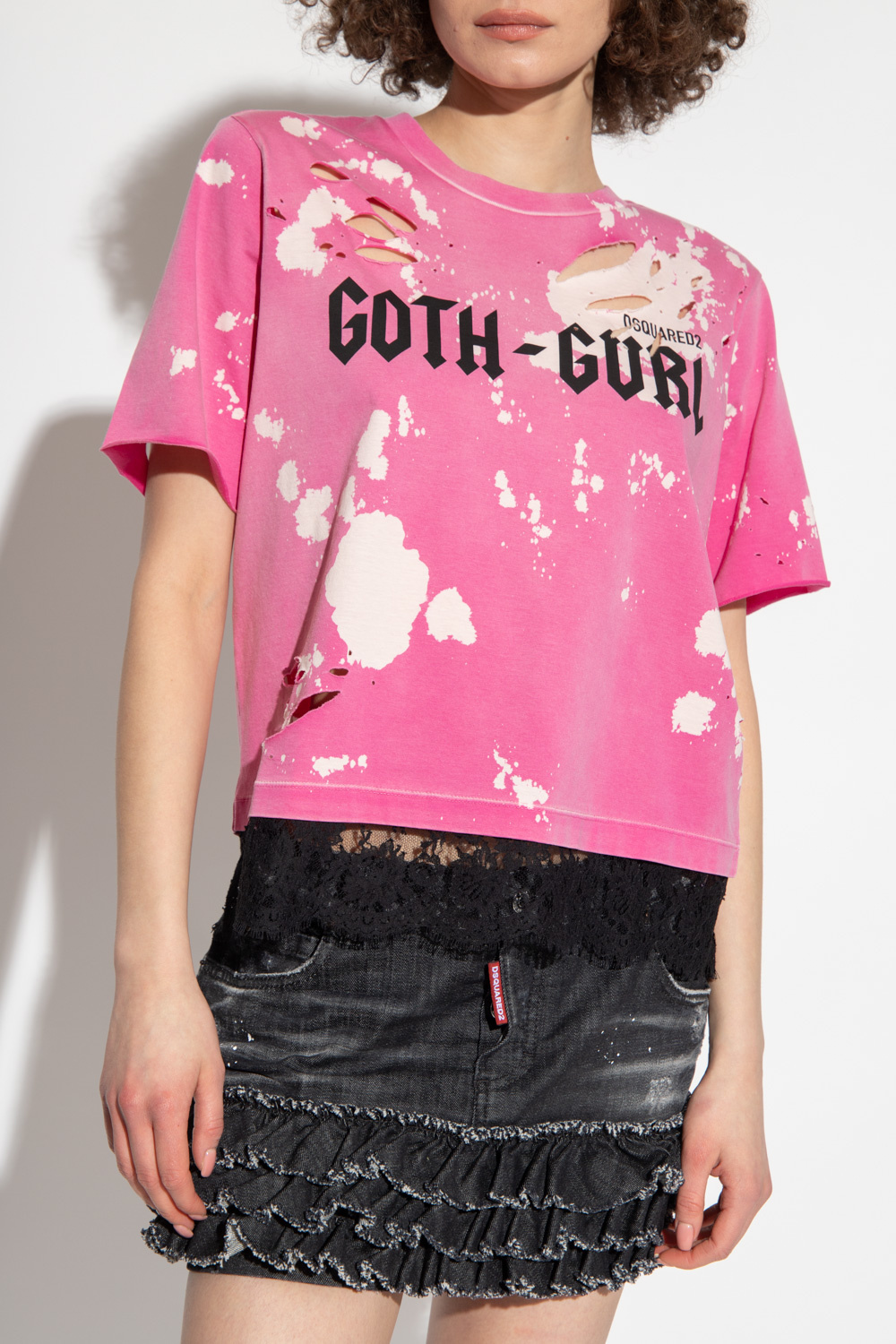 Dsquared2 Fuchsia Worn Effect Logo Print T-shirt With Laced Hem In Pink