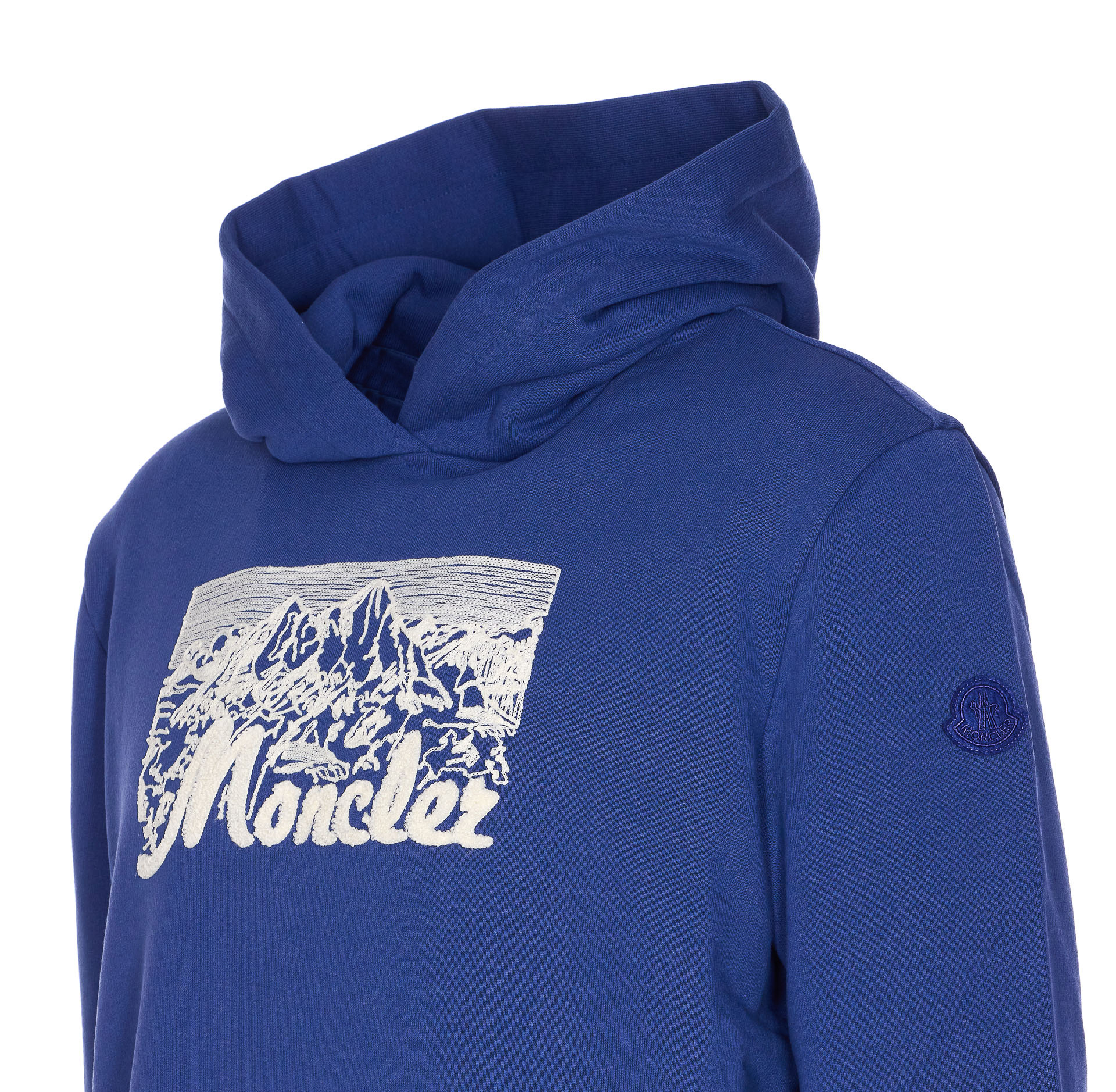 Moncler Embroidered Mountain Logo Cotton Hoodie In Blue