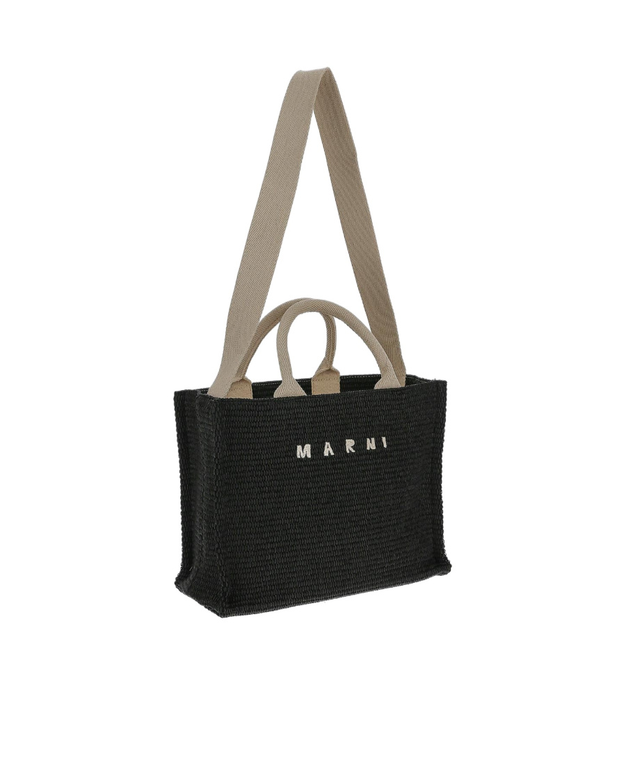 Marni Natural Raffia Effect Fabric Large Tote Bag In Black
