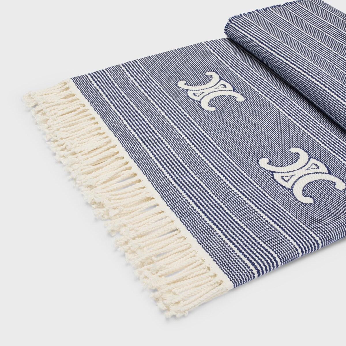 Shop Celine Triomphe Fouta In Striped Cotton In Off-white/navy Blue