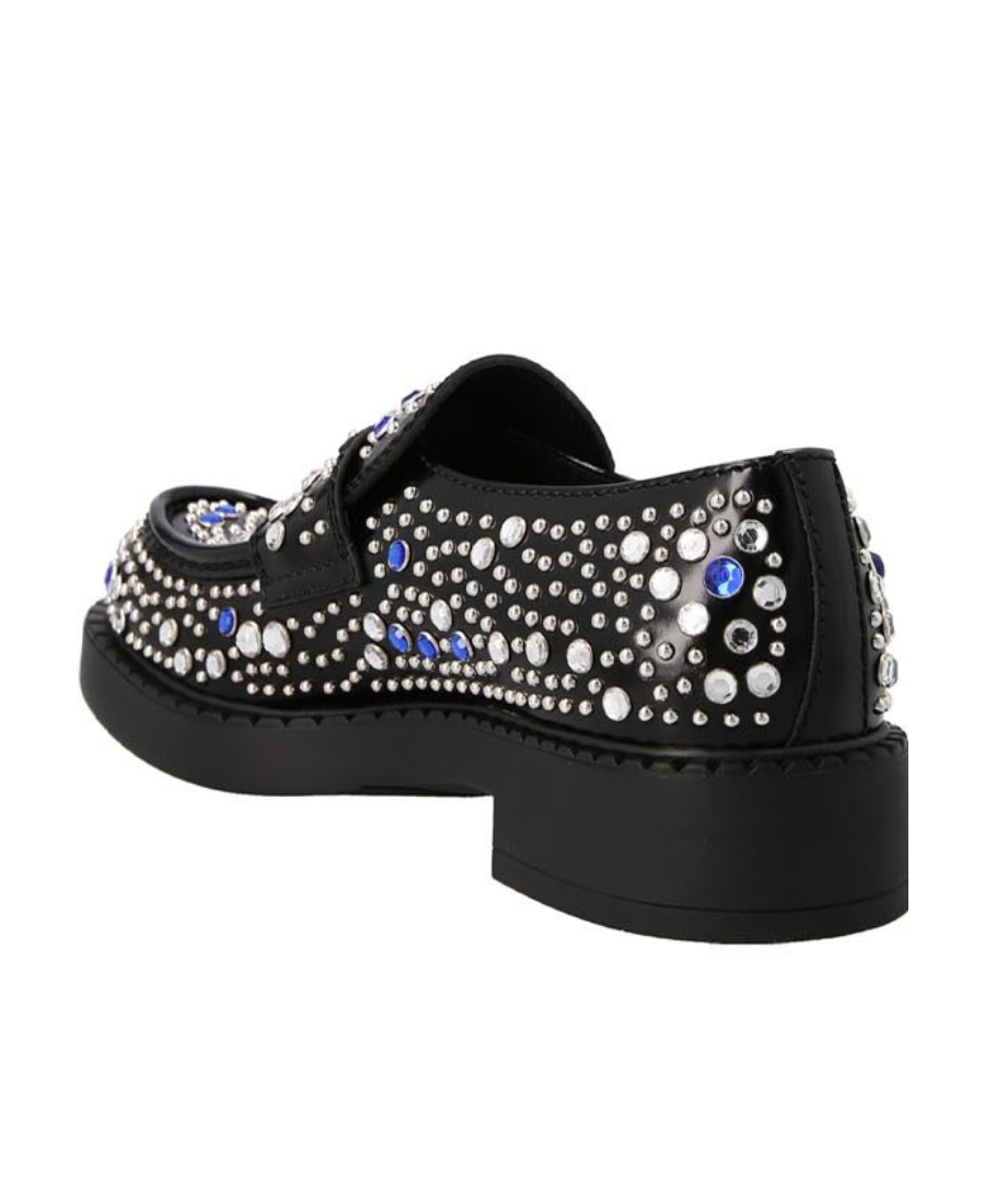 PRADA BRUSHED-LEATHER LOAFERS WITH STUDS AND RHINESTONES