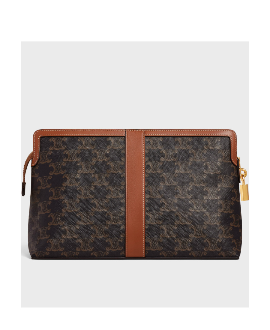 Celine Lock Toiletry Pouch In Triomphe Canvas And Calfskin In Brown