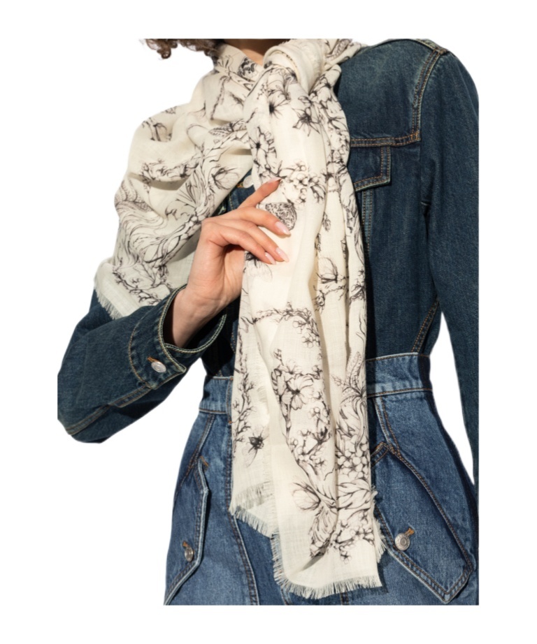 Alexander Mcqueen Floral-print Wool Scarf In Nude