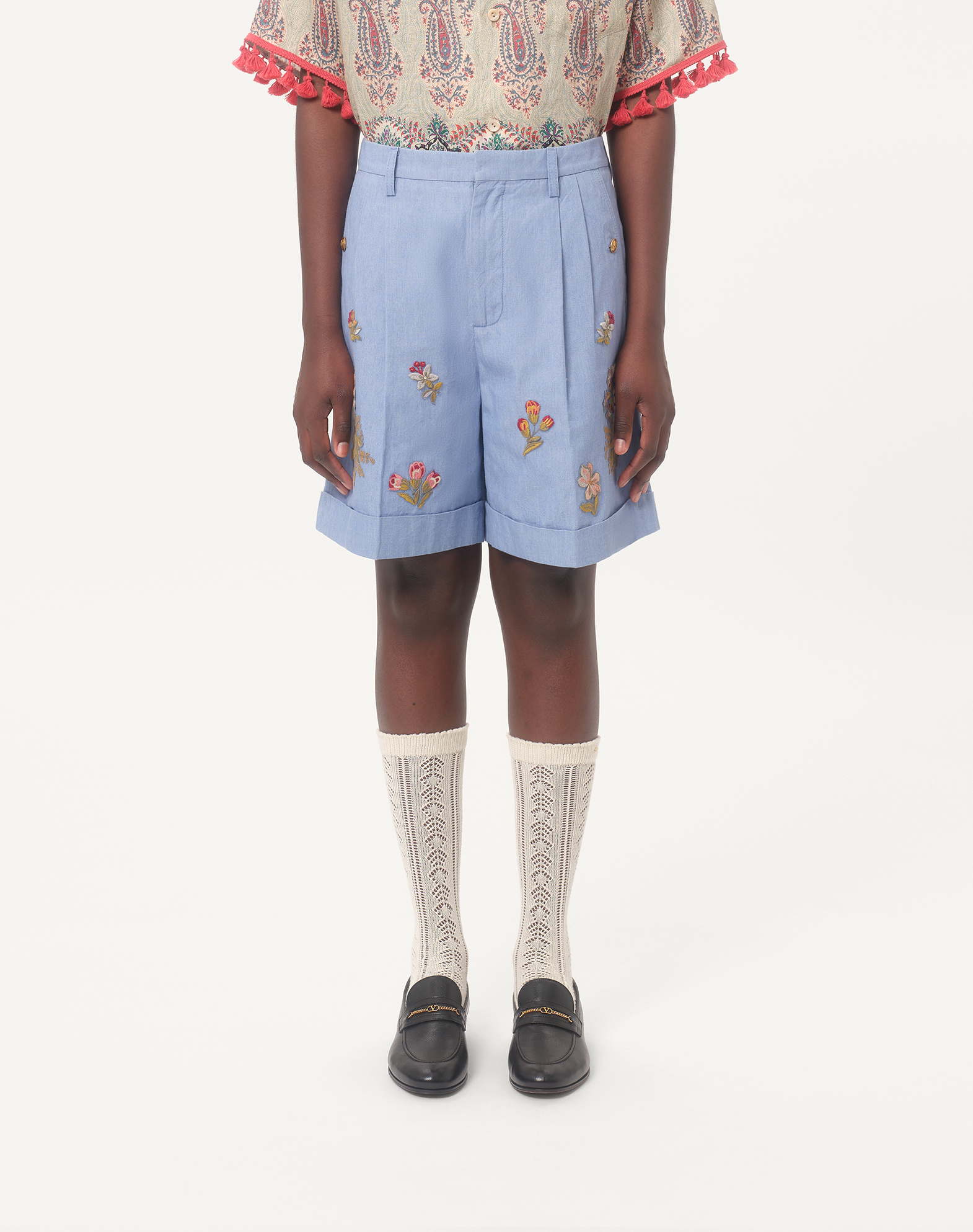 Valentino Denim Embroidered Tailored Shorts In Blue