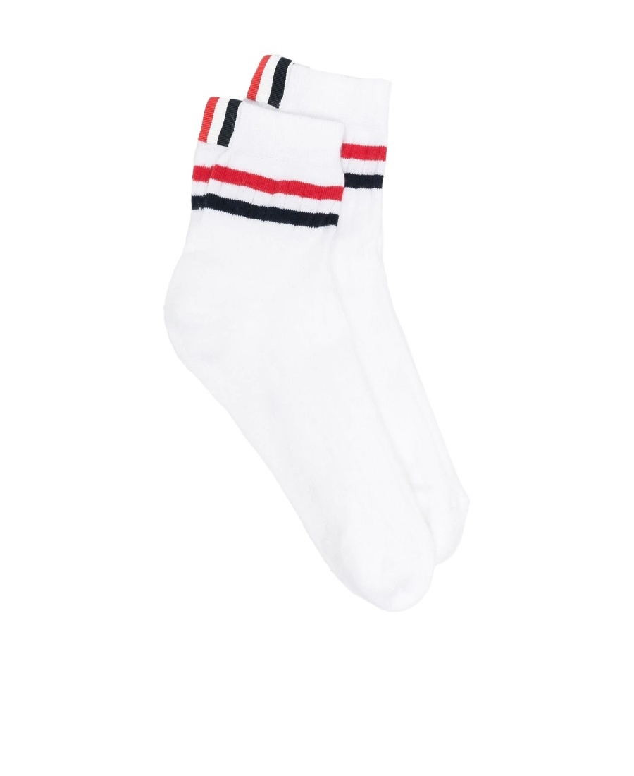 Shop Thom Browne Striped Rib-knit Socks In White