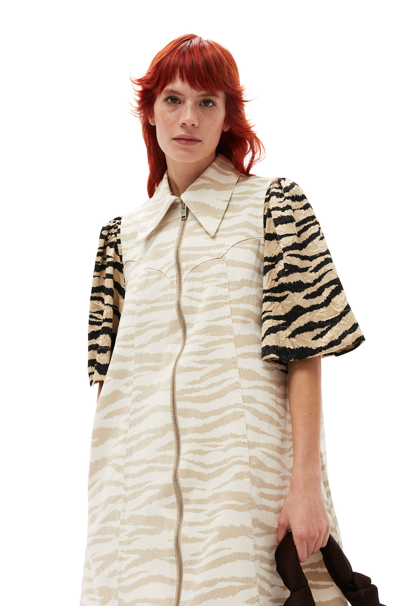 Ganni Zebra Print Denim Trapeze Shirtdress In White