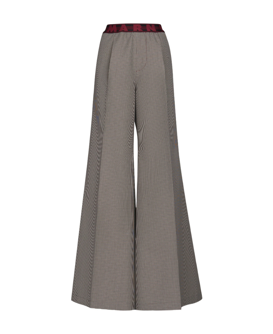 Marni Logo-waistband Houndstooth Flared Trousers In Gray