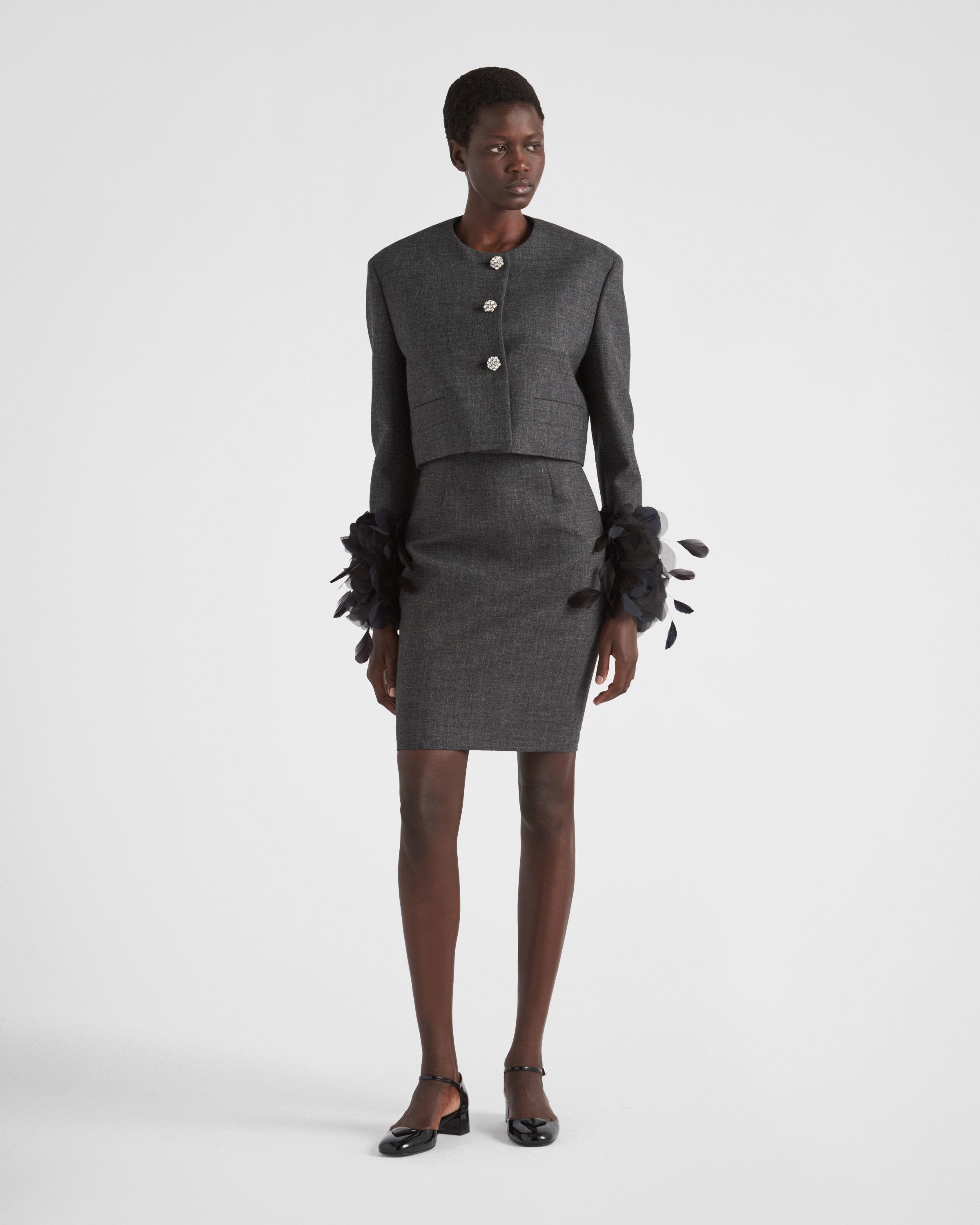 Prada Mat Feather-cuff Cropped Jacket With Crystal Buttons In Gray