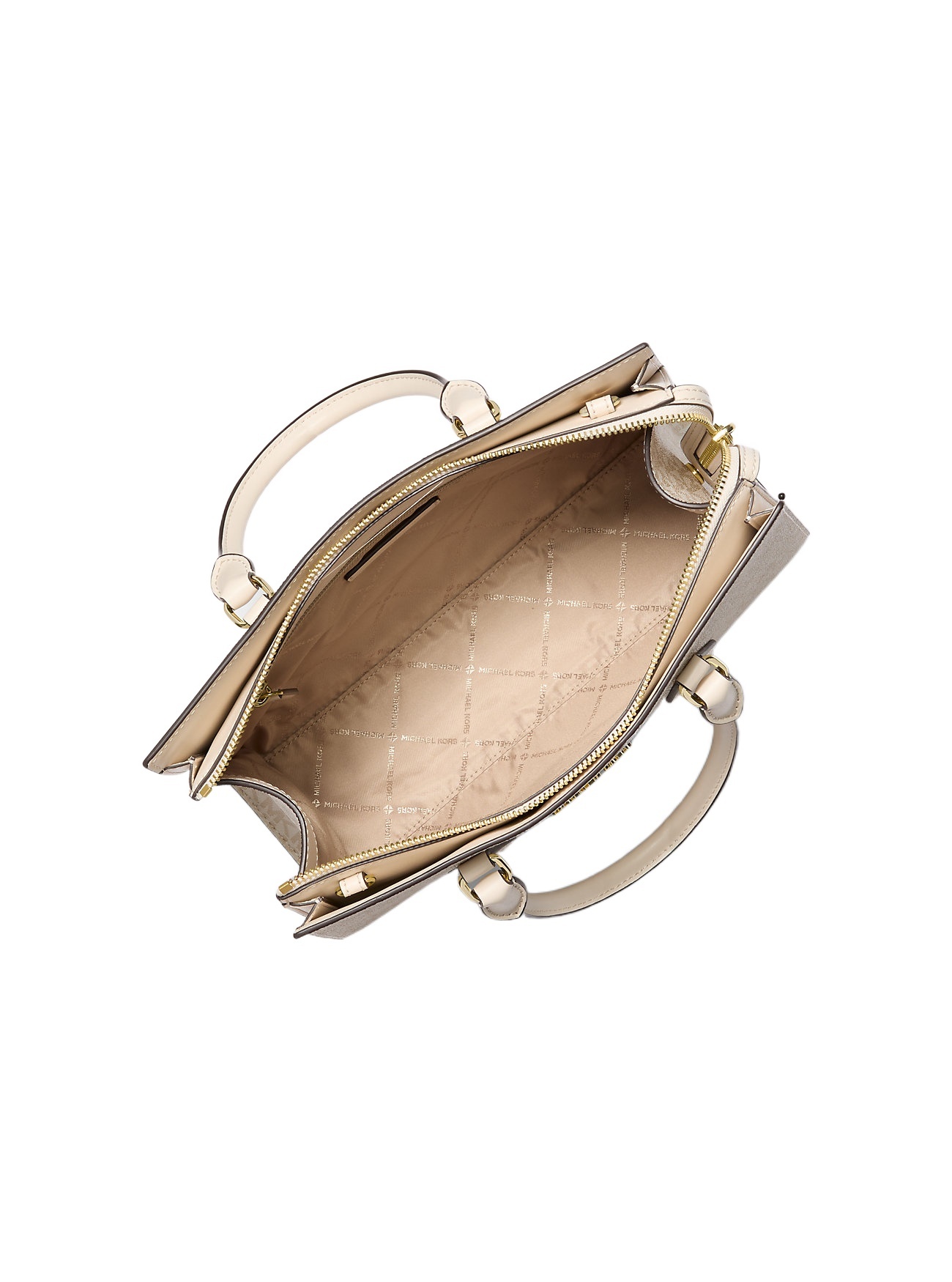 Michael Kors Medium Signature Logo And Metallic Satchel In Nude