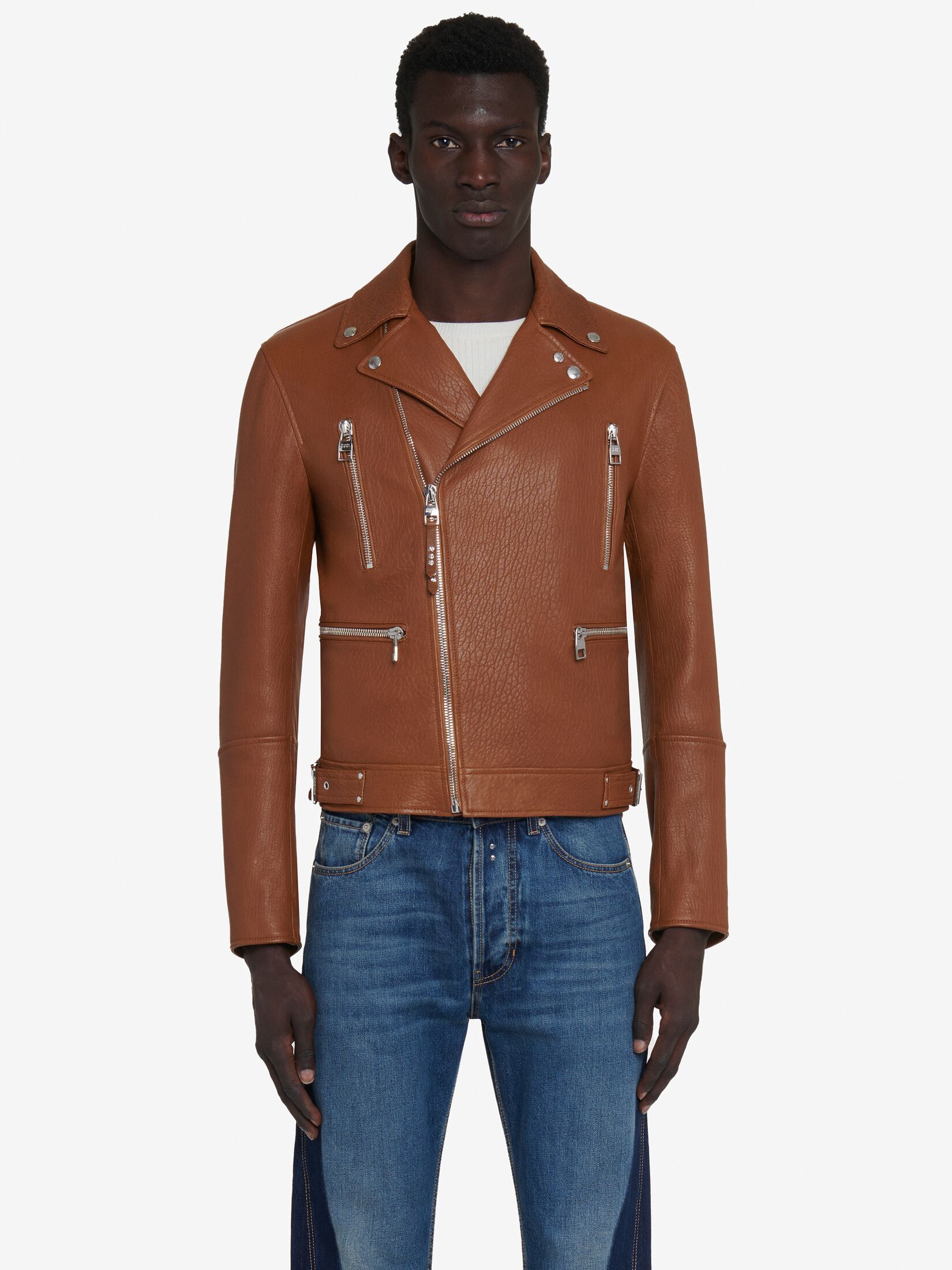 Shop Alexander Mcqueen Zip-up Leather Biker Jacket In Brown