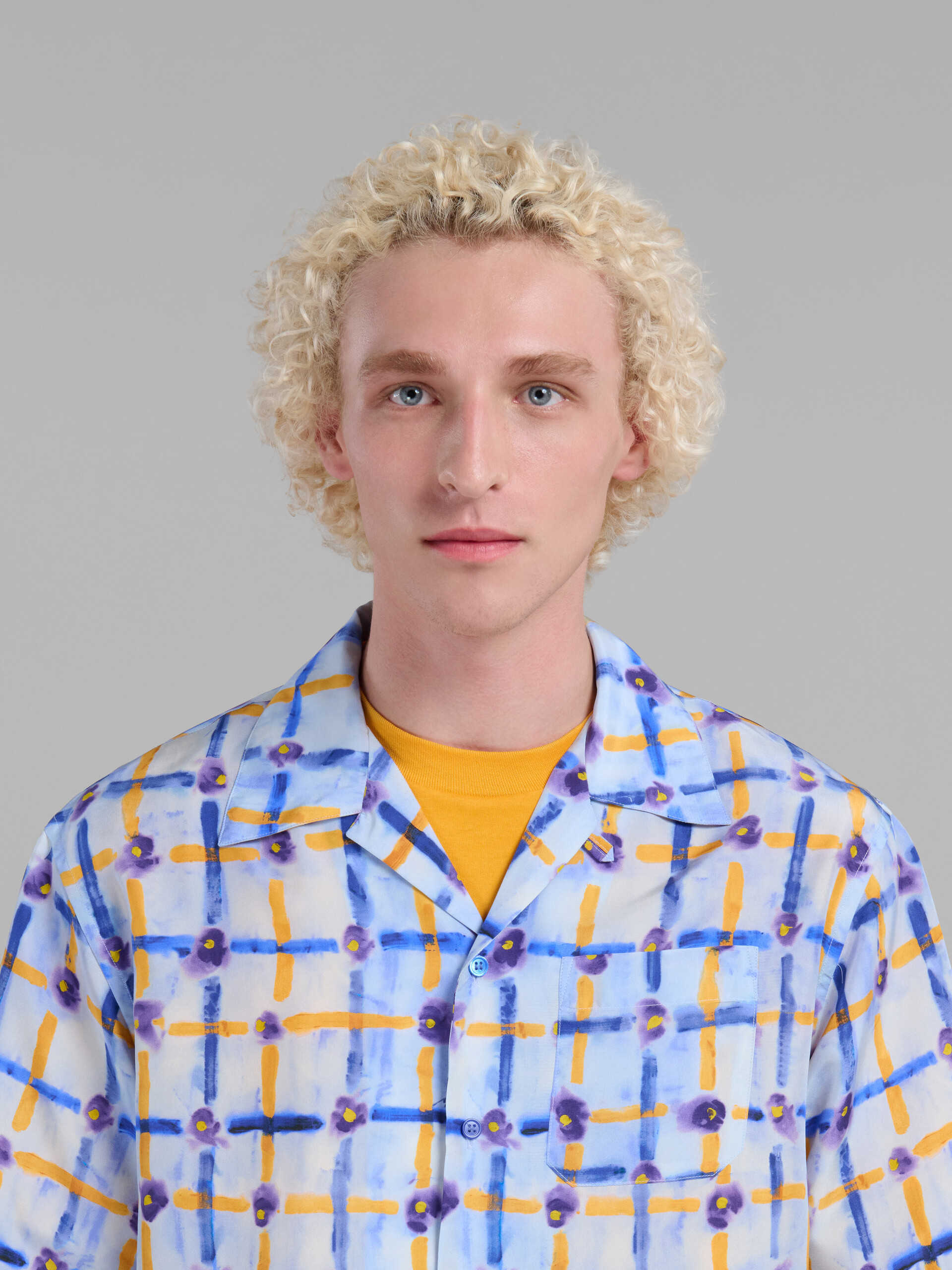 Marni Mens Habotai Silk Saraband Print Bowling Shirt In Blue/yellow