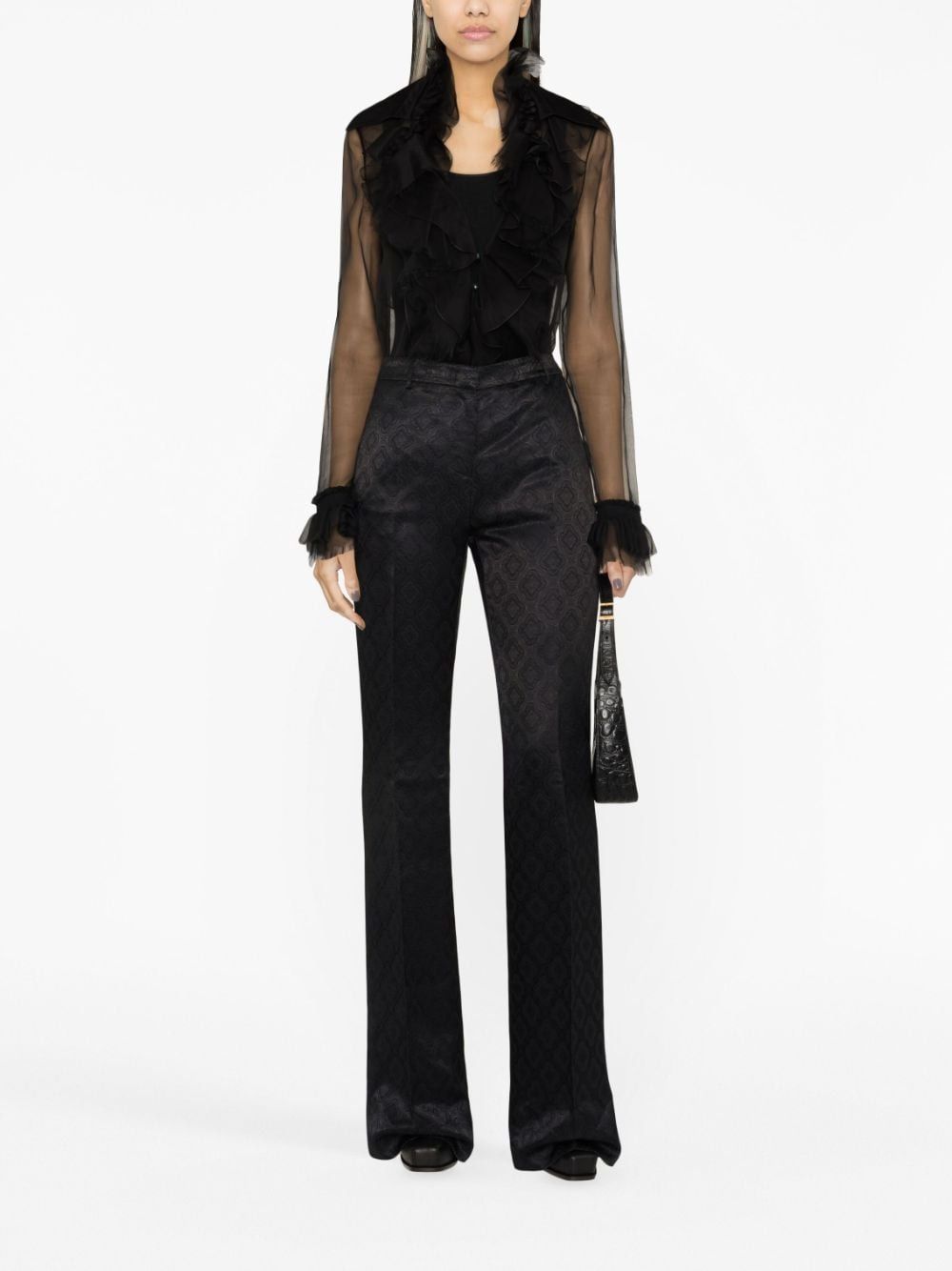 Shop Etro Floral-jacquard Flared Satin Trousers In Black