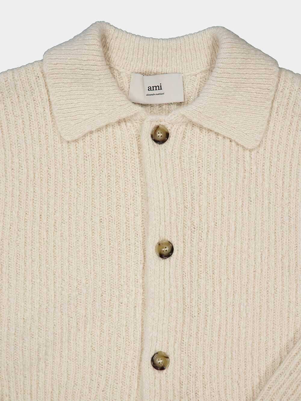 Ami Alexandre Mattiussi Ribbed Cardigan With Long Sleeves And Pockets In White