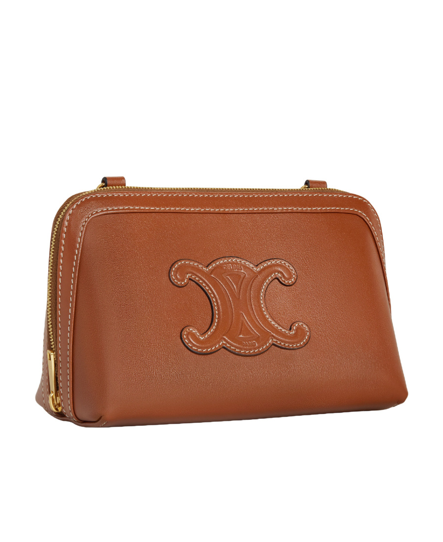 Celine Triomphe Leather Clutch On Chain In Brown